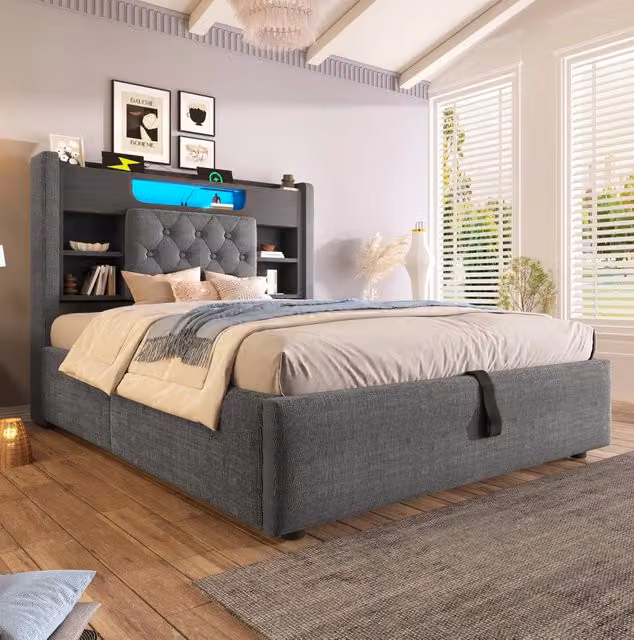Letto contenitore 90x200 cm grigio con LED, USB/USB-C e testiera con ripiani