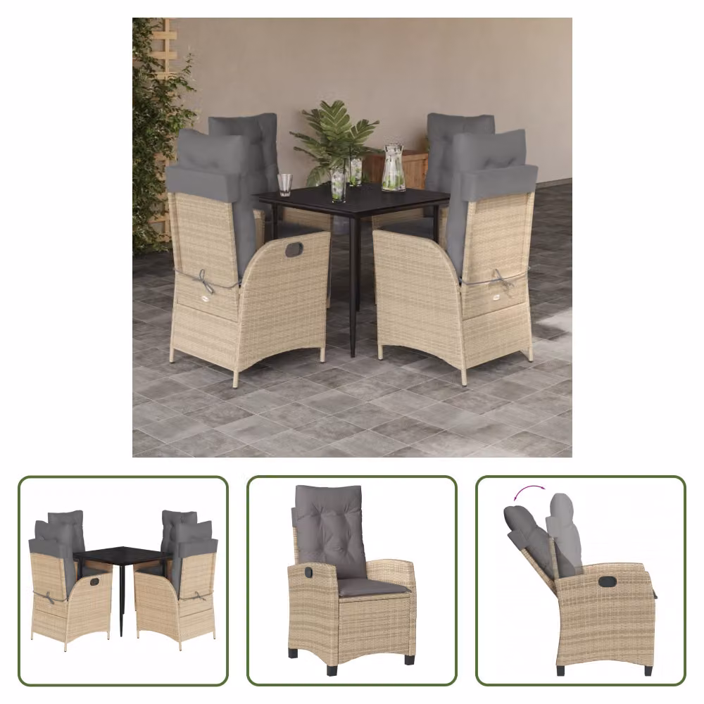 The Living Store Set da pranzo da giardino 5 pezzi con cuscini Beige poly rattan