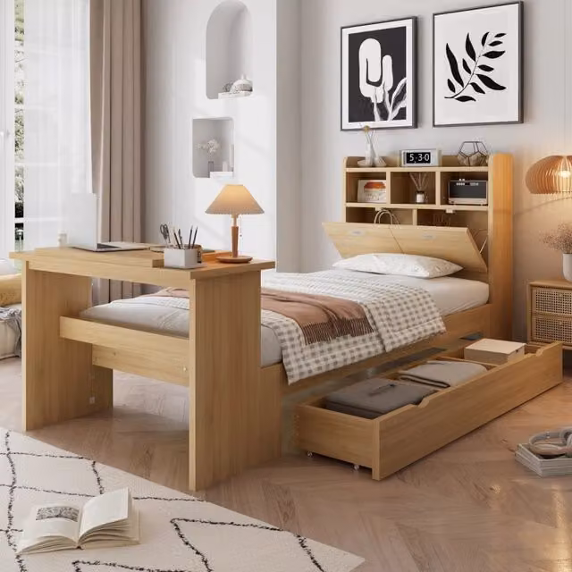 Letto singolo per bambini 90 x 200 cm con contenitore, mensola sulla testiera, cassetto estraibile e tavolino regolabile - Colore legno naturale