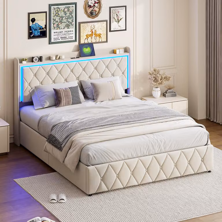 Letto matrimoniale imbottito, 140 x 190 cm, con testata a LED, funzione di ricarica USB, velluto, beige
