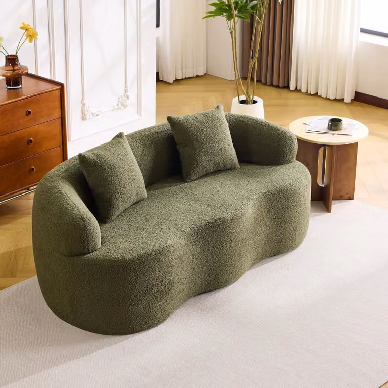 Divano a due posti, design curvo - Divano compatto e imbottito - 2 cuscini - Stile moderno - Tessuto - Assemblaggio richiesto - Verde