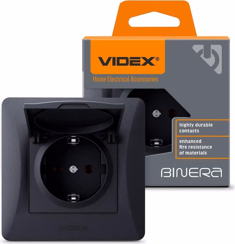 Videx Binera tipo F presa Schuko singola da 16A nera da incasso con sportello