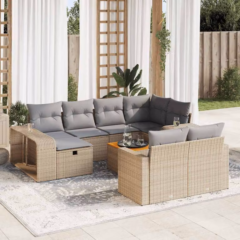 Set Divani da Giardino vidaXL 11 pz in Polyrattan con Cuscini Beige e Struttura in Acciaio, Design Moderno a Forma di U per Terrazza e Giardino