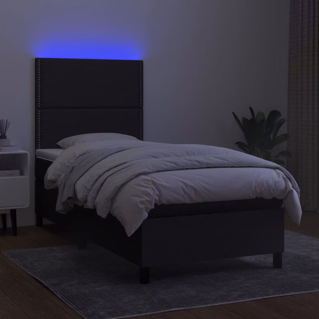 The Living Store Letto a molle con materasso e LED nero 90x200 cm in tessuto