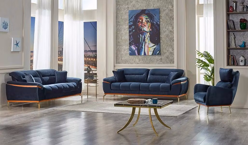 Blau Sofa Set 3tlg Wohnzimmer Textil Sofagarnitur Modern Polstermöbel