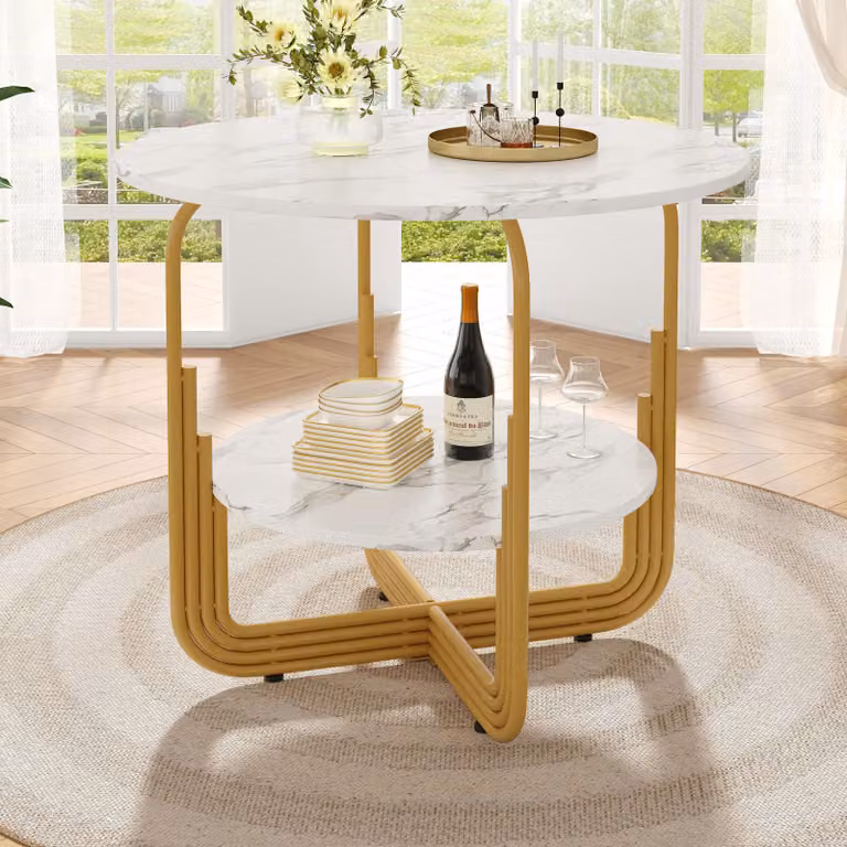 STILVORA: Tavolo da cucina rotondo a due piani, dimensioni 80x80x76 cm, con piano in MDF effetto marmo. Ideale come tavolino per la sala da pranzo o il soggiorno