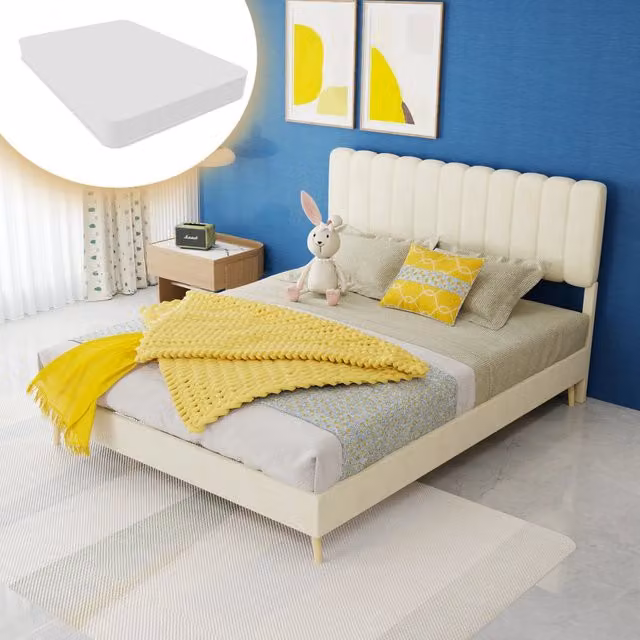 Letto imbottito 140x200 cm in tessuto e metallo; beige; con materasso incluso