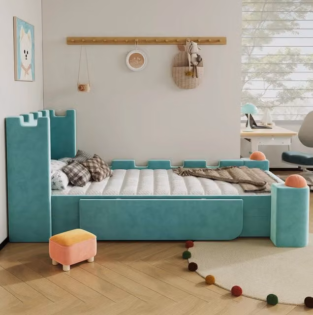 Letto imbottito 90x200 cm con mensola pieghevole e cassetto contenitore in velluto blu verde