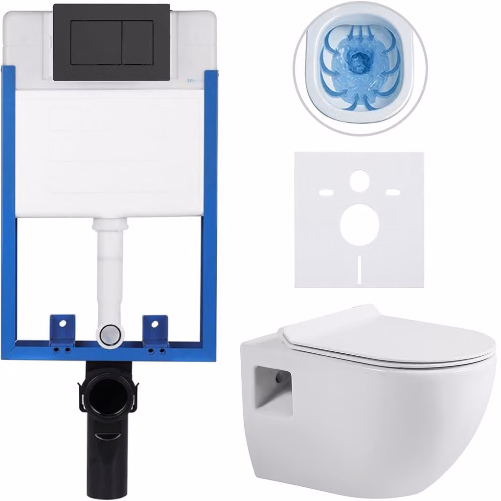 Set completo per WC da incasso, modello Lite/Dure, colore bianco lucido, pulsante per WC Classic, nero opaco, da incassare, dimensioni 51x35 cm