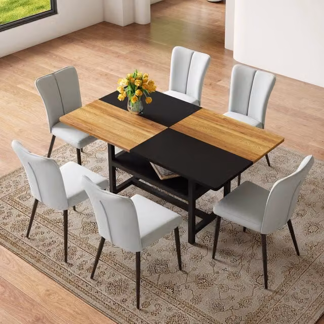 Set tavolo da pranzo rettangolare MIVRAY con 4 sedie in PU grigio chiaro e gambe in metallo nero con piano in MDF e ripiano portaoggetti – 1