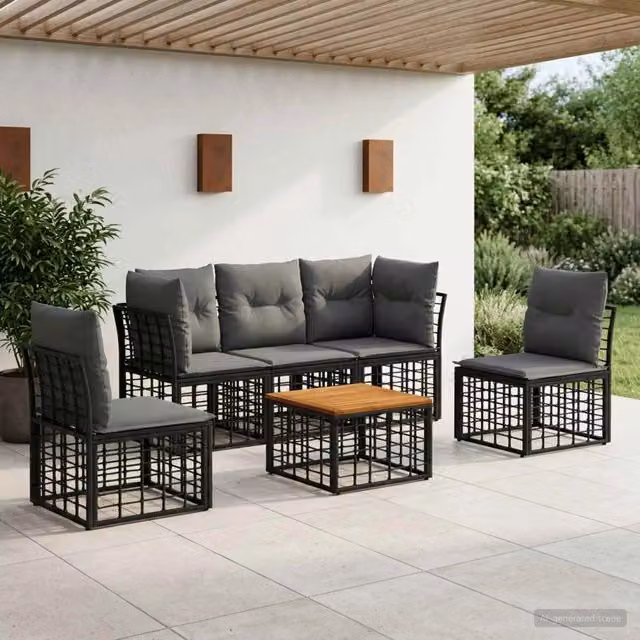 Set di divani da esterno 6 pz Nero e Grigio scuro Poliestere 3437427