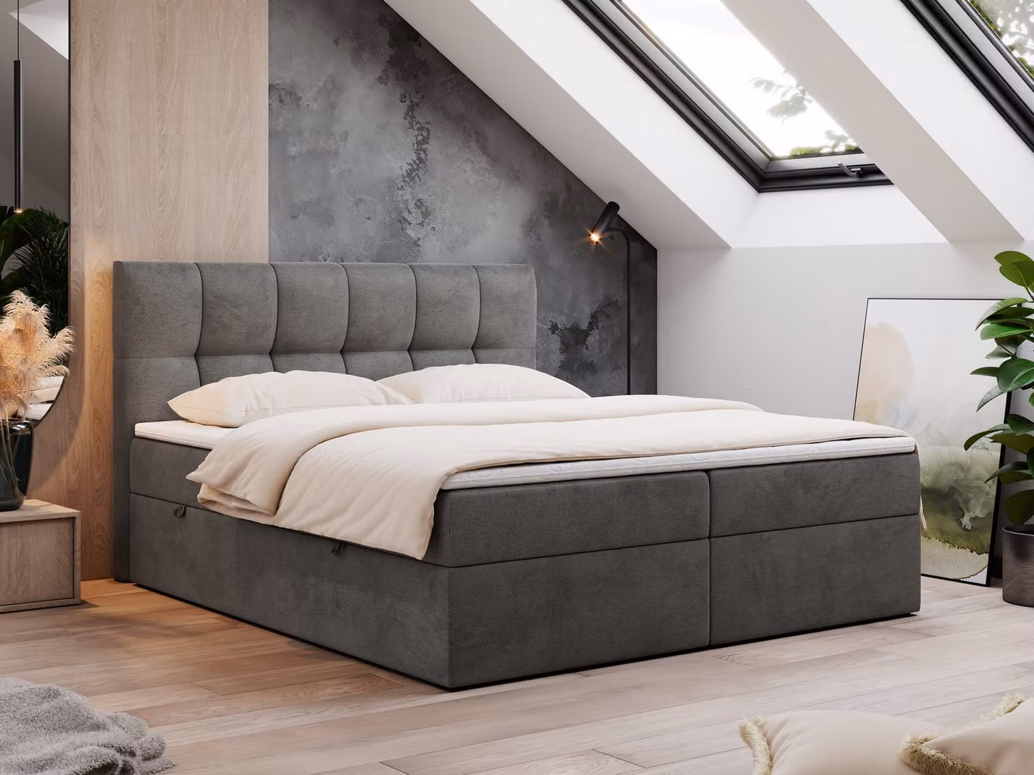Letto boxspring 180x200 con contenitore, letto con materasso a tasche - topper H4, letto imbottito 180x200 con contenitore e testiera, letto boxspring con materasso H4 - RICO - 180x200 - Grigio scuro - Velvet - H4