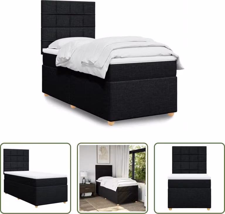 The Living Store Letto a molle con materasso nero 90x200 cm in tessuto