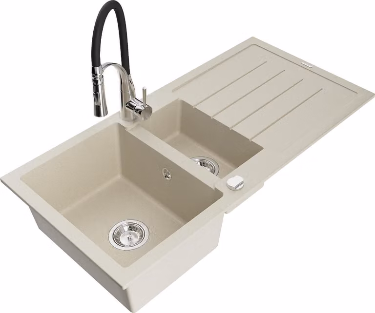 Mexen Andres lavello in granito a 1,5 vasca con sgocciolatoio e miscelatore da cucina Aster, beige - 6515-69-73450-07