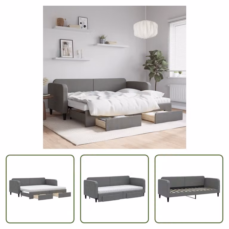 The Living Store Letto da giorno allungabile con cassetti grigio scuro 80x200 cm tessuto
