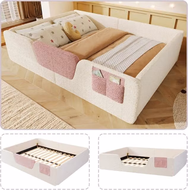 Letto a baldacchino con sponde rimovibili velluto beige 140x190 cm