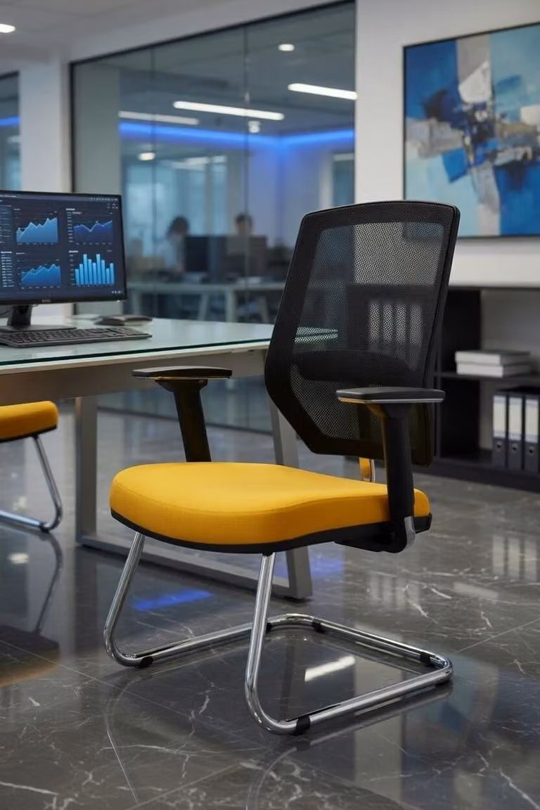 Sedia da ufficio gialla con braccioli ergonomici e rivestimento in rete