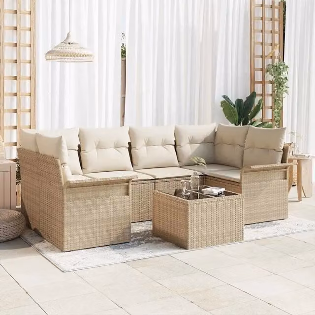 Set Divano da Giardino 7 pcs 6-Seater Beige e Crema polyrattan 3353930