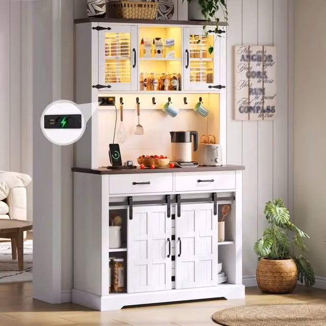 Mobile colonna cucina con LED RGB prese USB 6 cassetti ripiani regolabili piano di lavoro bianco 108 × 40 × 180 cm