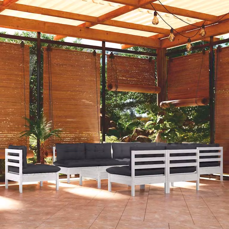 Set di divani da giardino vidaXL 11 pz in legno di pino con cuscini bianchi e antracite a forma di L con elementi angolari e pouf