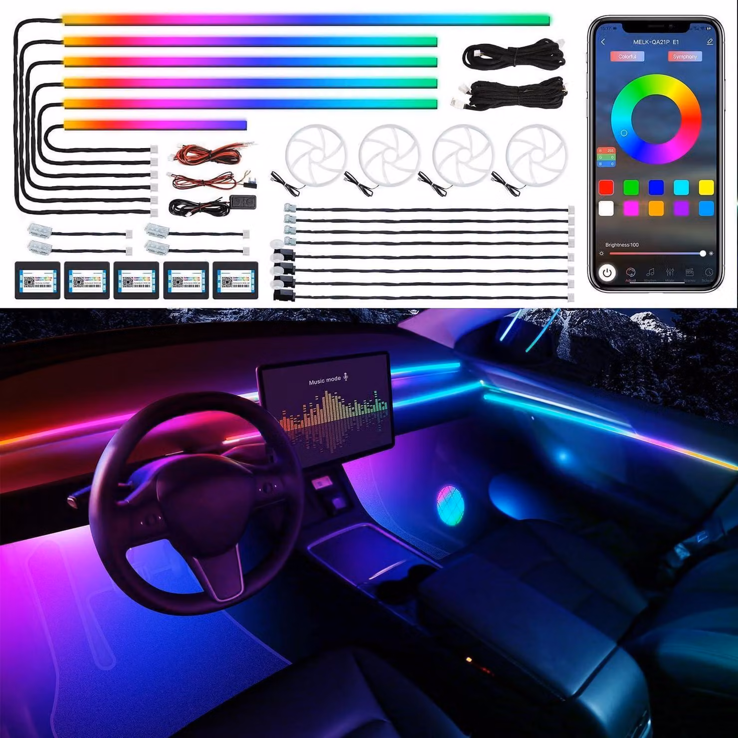 Illuminazione interna per auto a LED con controllo tramite app, RGB, 22 colori, 175 cm di lunghezza, 600 LED, striscia luminosa con controllo del suono