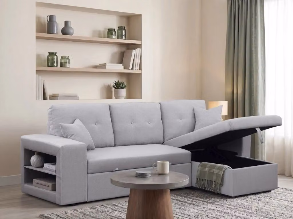 Divano letto angolare e reversibile Axel a 3 posti in tessuto grigio con struttura in legno massello e funzione letto 140x200 cm – 2