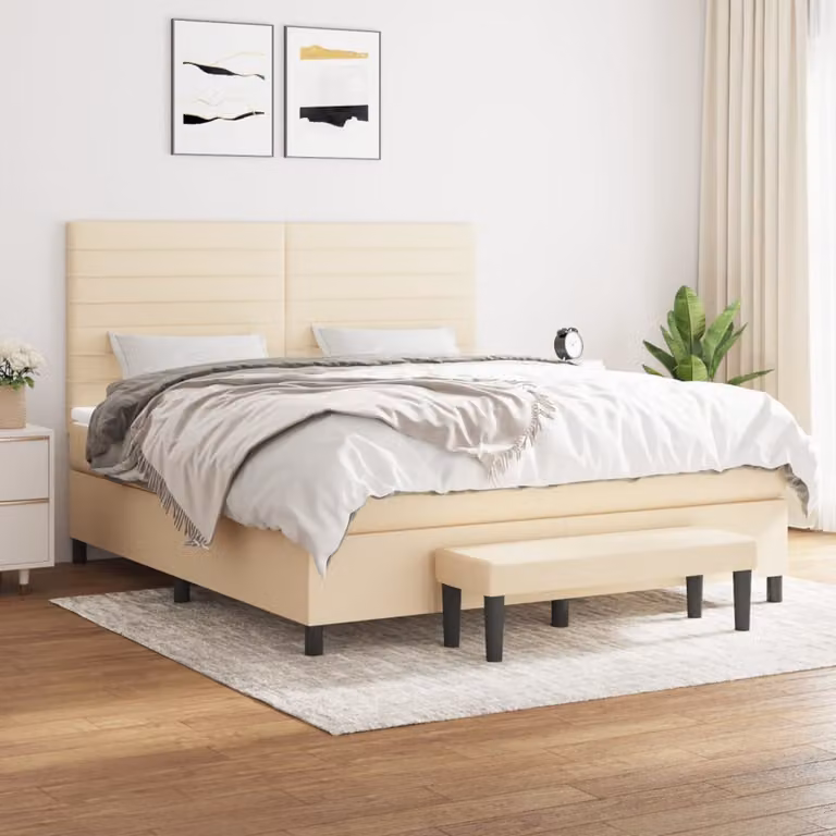 vidaXL Giroletto a Molle Ibrido con Materasso in Tessuto Beige e Bianco L/P/H: 160 x 200 x 128 cm