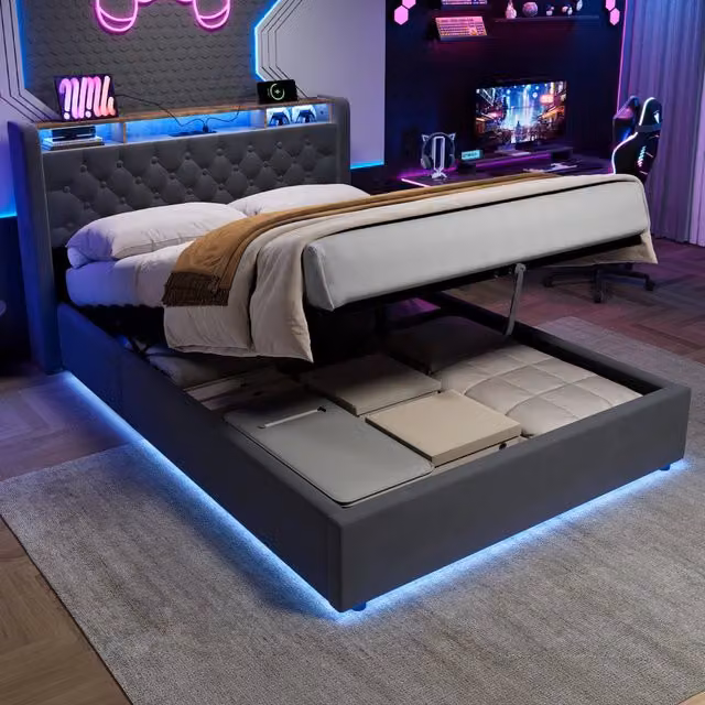 Letto contenitore 140×190 cm, letto matrimoniale con vano 28 cm, mensola, USB, Type-C e LED, senza materasso