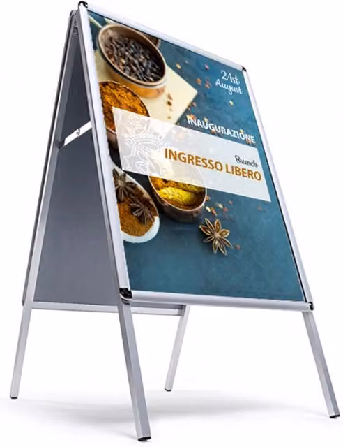 Espositore Pubblicitario Bifacciale a Cavalletto Pieghevole GIORDANOSHOP in Alluminio Silver per Esterno Antivento L: 100 cm, H: 140 cm