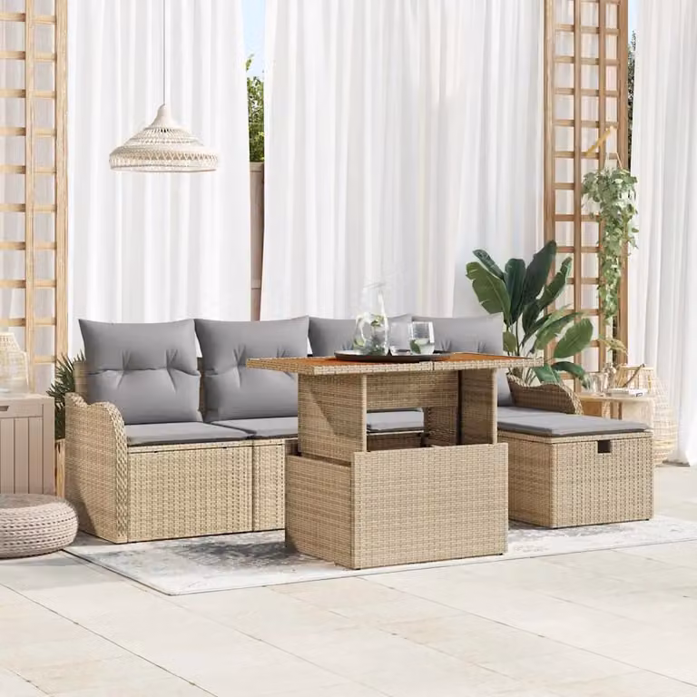 Set Divano da Giardino vidaXL 6 Pezzi in Polyrattan Beige con Cuscini e Tavolino da Caffè