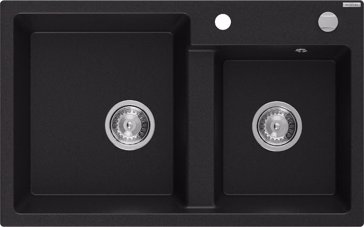 Mexen Tomas lavello da cucina in granito a 2 vasche 800 x 500 mm, nero, sifone cromato - 6516802000-77