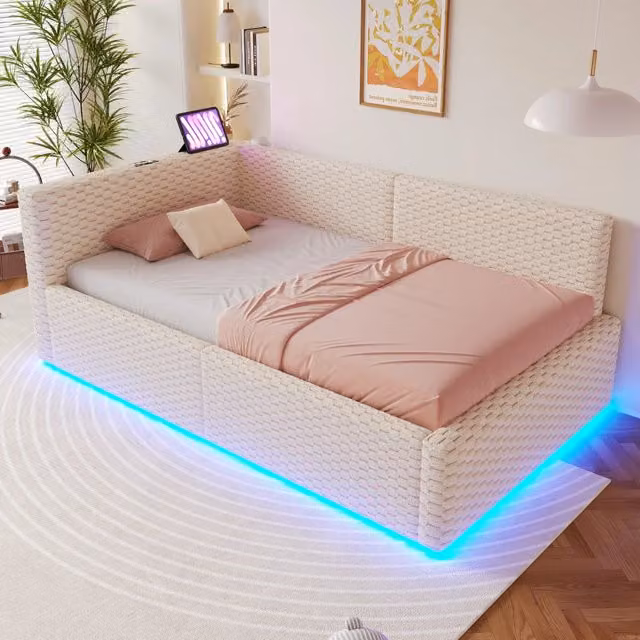 Letto divano contenitore 90 × 200 cm con schienale a L, LED, 2 USB e Type-C, senza materasso, in velluto, beige