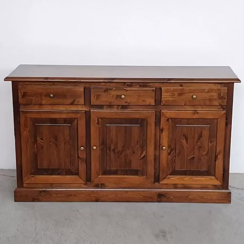 Madia credenza rustica in legno di pino massello con 3 porte, Mobili 2G, tinta noce, L: 147 cm, P: 45 cm, H: 85 cm – 1