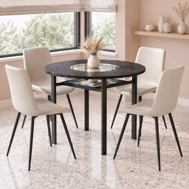 Set da pranzo rotondo con tavolo 100 cm in MDF nero effetto legno e 4 sedie grigio caldo in PU