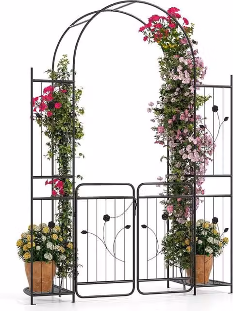 Arco da Giardino Costway in Metallo Nero con Cancello, Ripiani per Piante e Graticci per Rampicanti, Altezza: 220 cm