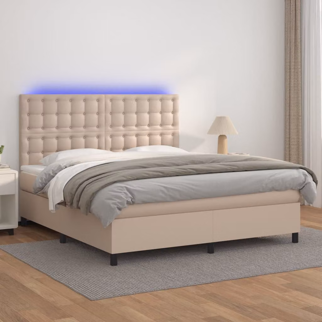 Letto con giroletto a molle, materasso e illuminazione LED vidaXL, colore cappuccino in similpelle, L/P/H: 160 x 200 x 128 cm – 1