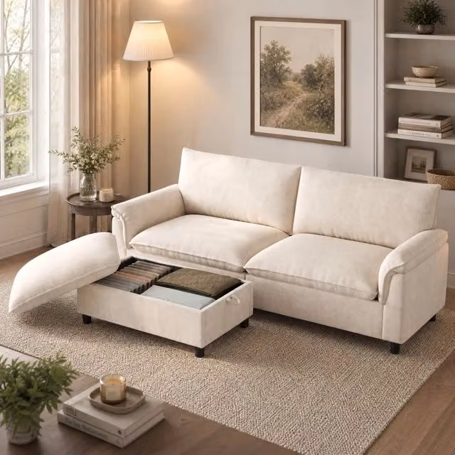 Divano componibile ULEVR 216x77x82 cm con pouf contenitore mobile, funzione letto temporaneo, beige in ciniglia