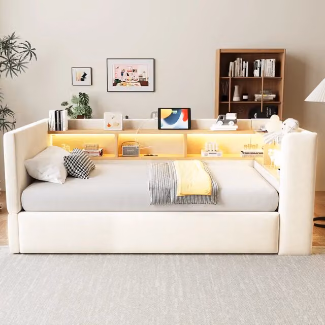 Divano letto Mivray beige con contenitore a sollevamento idraulico, illuminazione LED e prese USB, L/P/H: 90 x 190 cm – 1