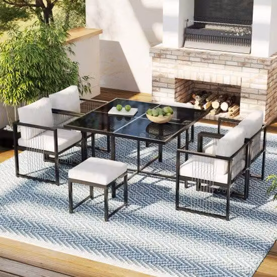 Set di mobili da giardino per 6 persone, composto da 7 pezzi, per esterni, con tavolo in vetro temperato, ideale per pranzi in giardino o in terrazza