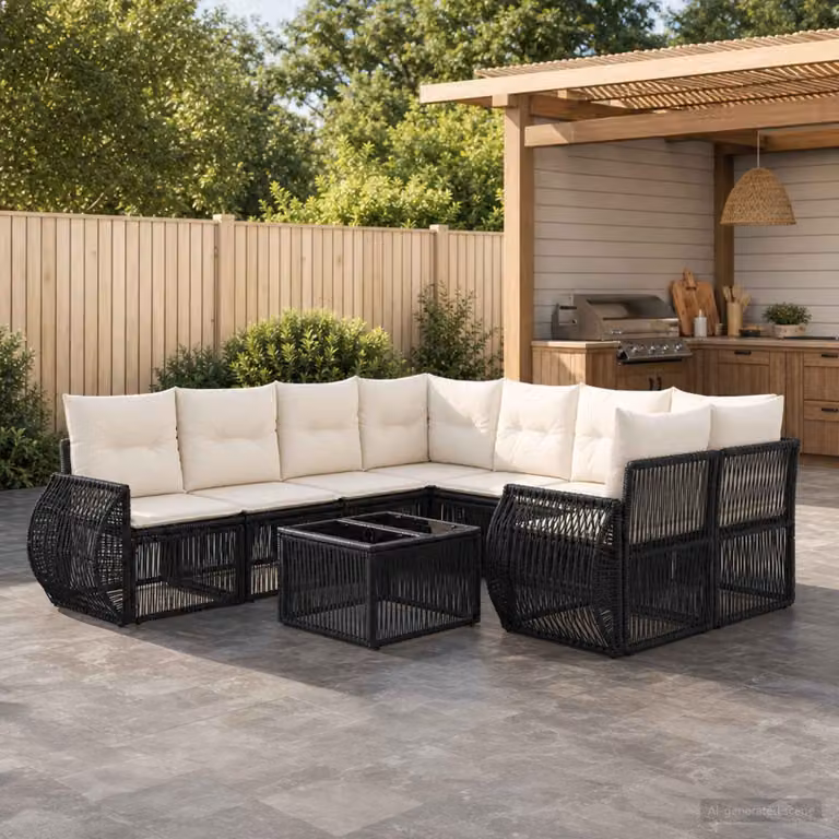 Set Divano da Giardino vidaXL 9 pz Nero con Tavolino e Cuscini in Polyrattan e Acciaio