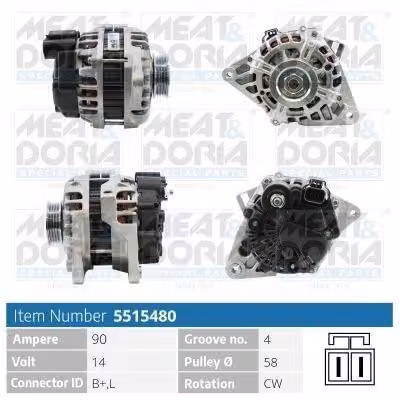 MEAT & DORIA 5515480 Alternatore LiMa 90A 14V per HYUNDAI GETZ (TB) e KIA SPORTAGE (JE, KM)