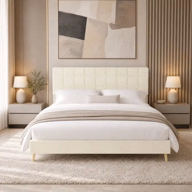 Letto matrimoniale beige 160 x 200 cm con testiera imbottita a quadri