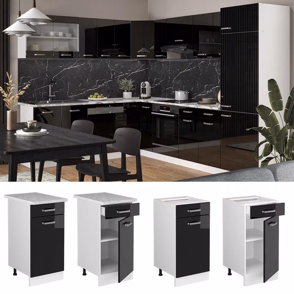 Mobiletto base per cucina Vicco R-Line Nero lucido e Bianco con PL Antracite, L: 40 cm, H: 81,6 cm, P: 60 cm – 2