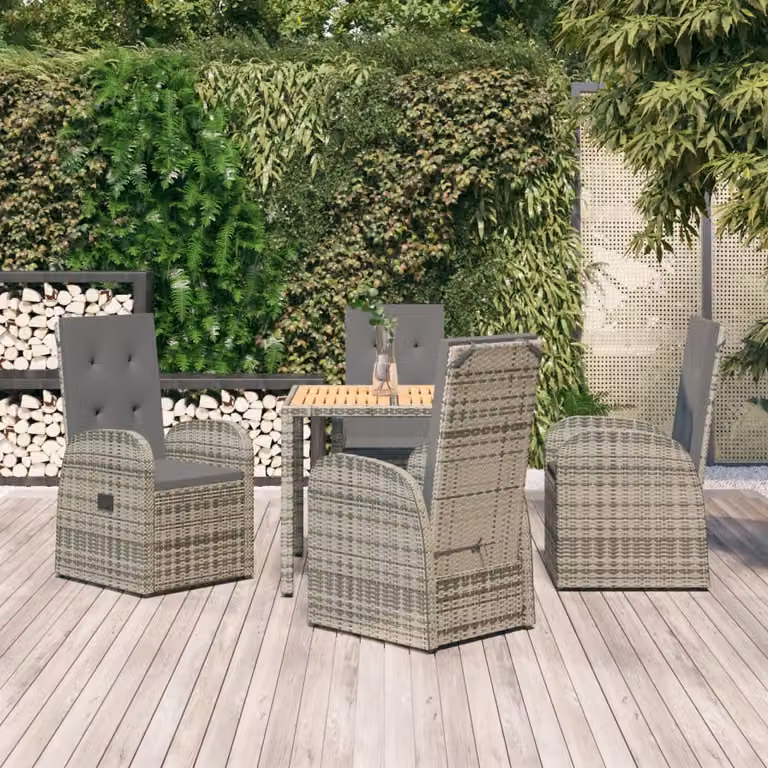 Set da Pranzo da Giardino vidaXL in Polyrattan e Legno di Acacia Grigio con 5 Pezzi e Cuscini
