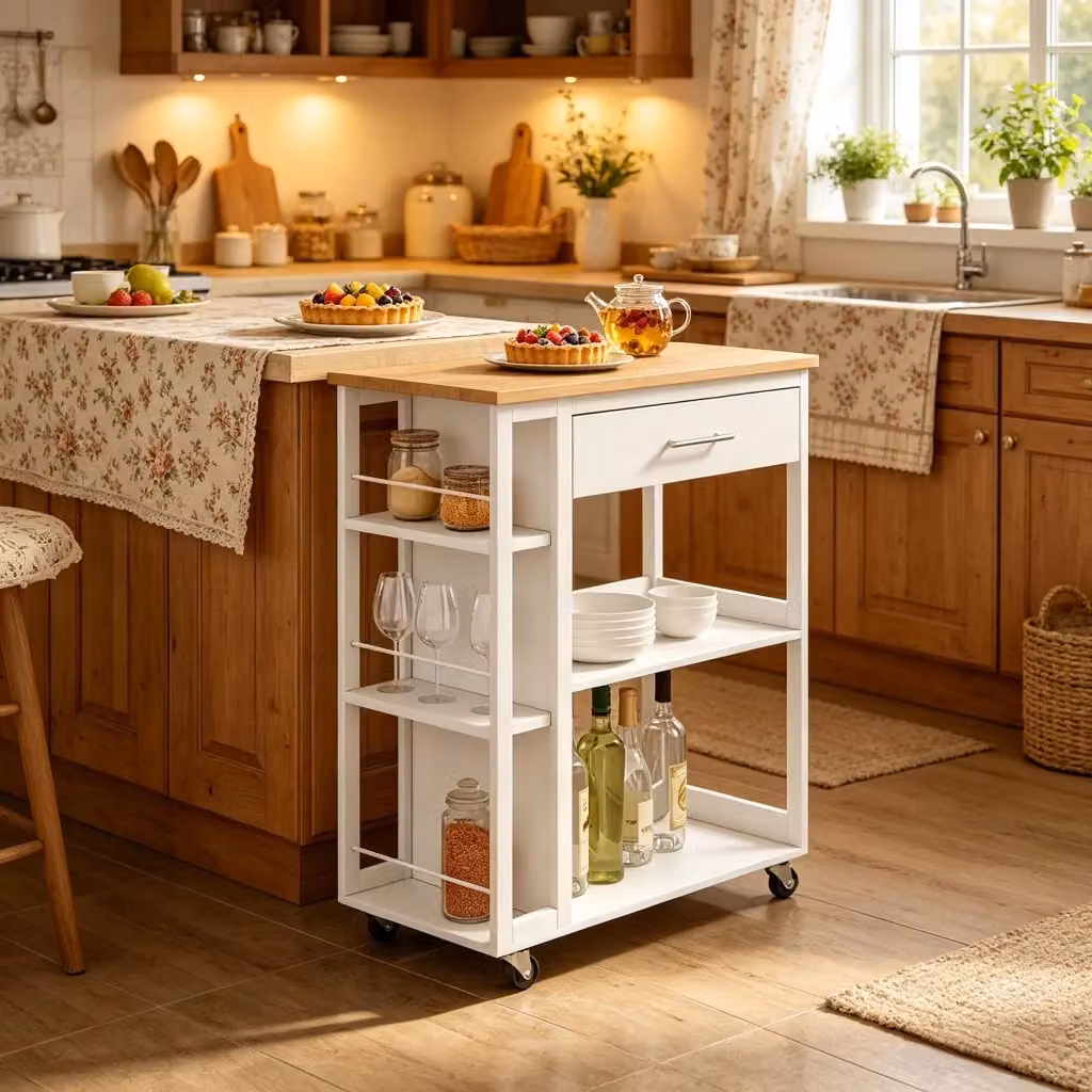 Carrello da cucina REDOM moderno in MDF bianco con cassetto e ripiani, L: 73 cm, P: 38 cm, H: 88 cm – 2