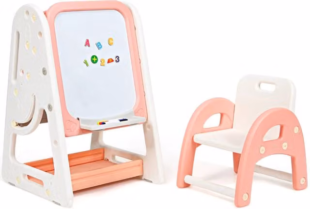 Cavalletto da disegno 2 in 1 per bambini con lavagna doppia faccia, libreria e sedia, Rosa