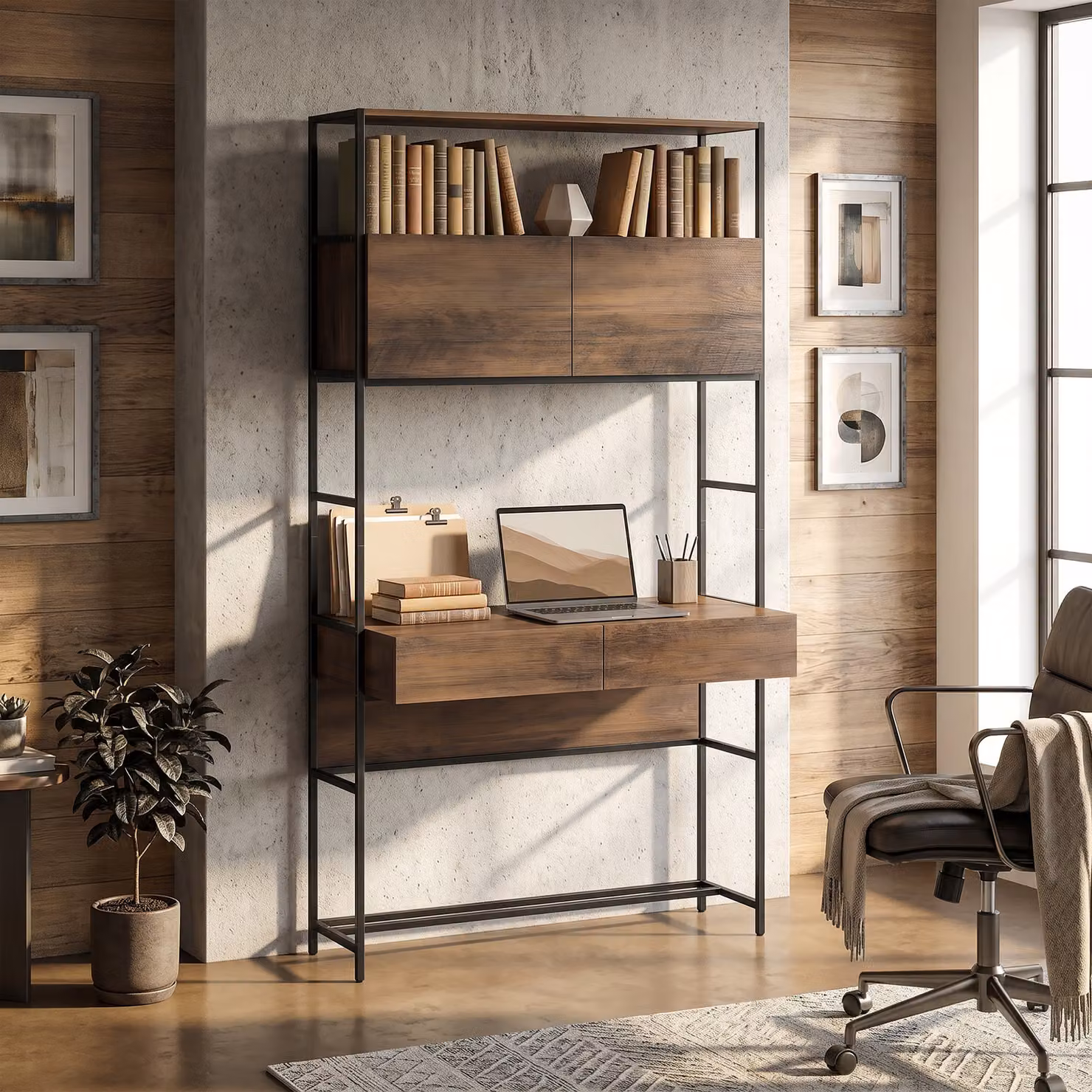 Scrivania per Computer HOMCOM con Scaffali e 2 Cassetti, Effetto Legno Marrone, L: 100 cm, P: 45 cm, H: 185 cm – 2