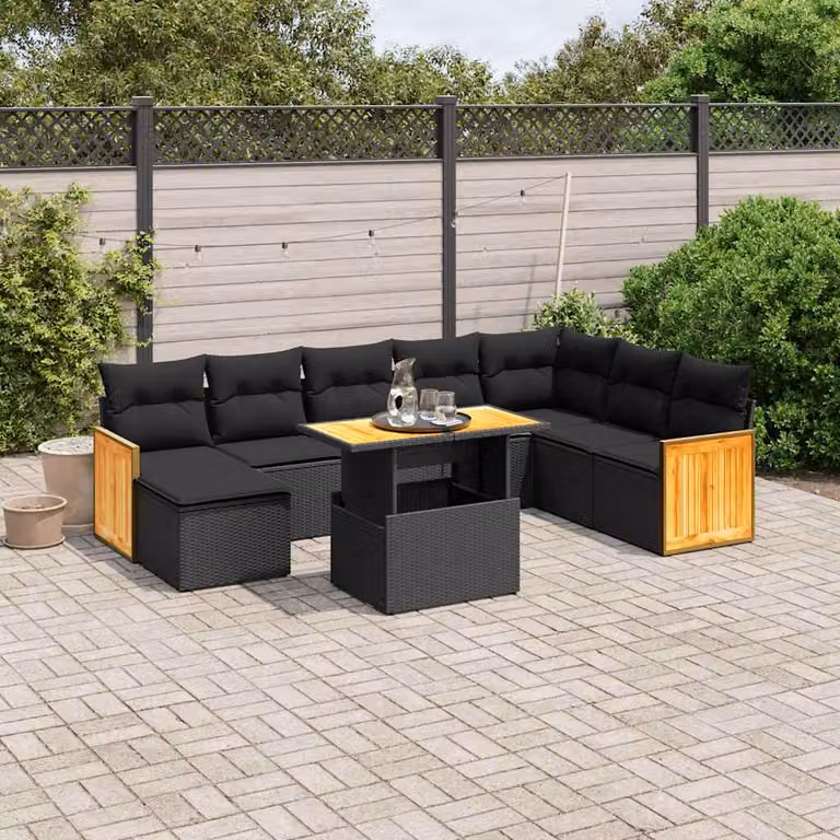 Set di divani da giardino vidaXL 9 pz a forma di L con cuscini nero in polyrattan e legno di acacia