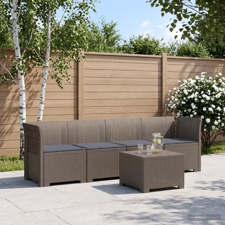 Set da giardino vidaXL moderno composto da divano da esterno a 4 posti, elemento angolare e tavolino da caffè in stile rattan grigio con cuscini inclusi e rivestimenti rimovibili
