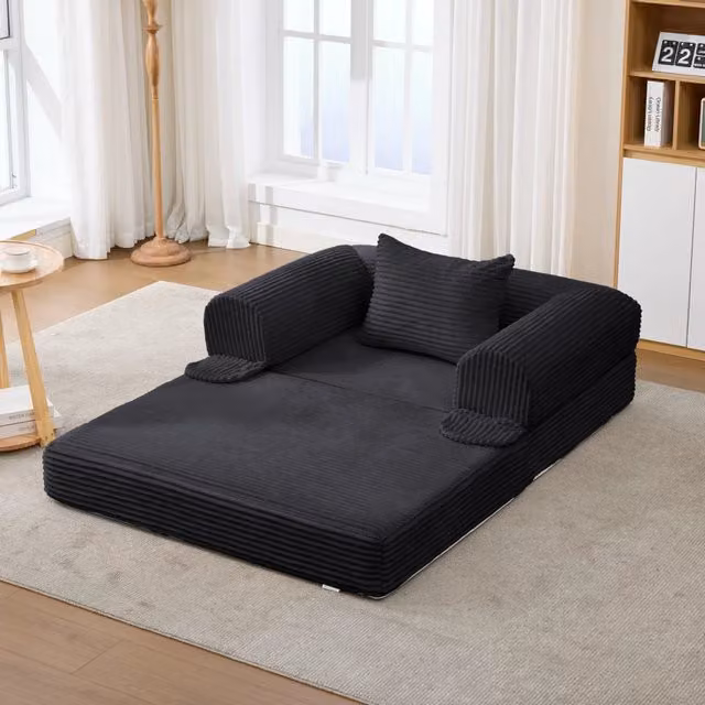 Divano letto 2 in 1 pieghevole REDOM in tessuto corduroy nero con cuscino e struttura imbottita